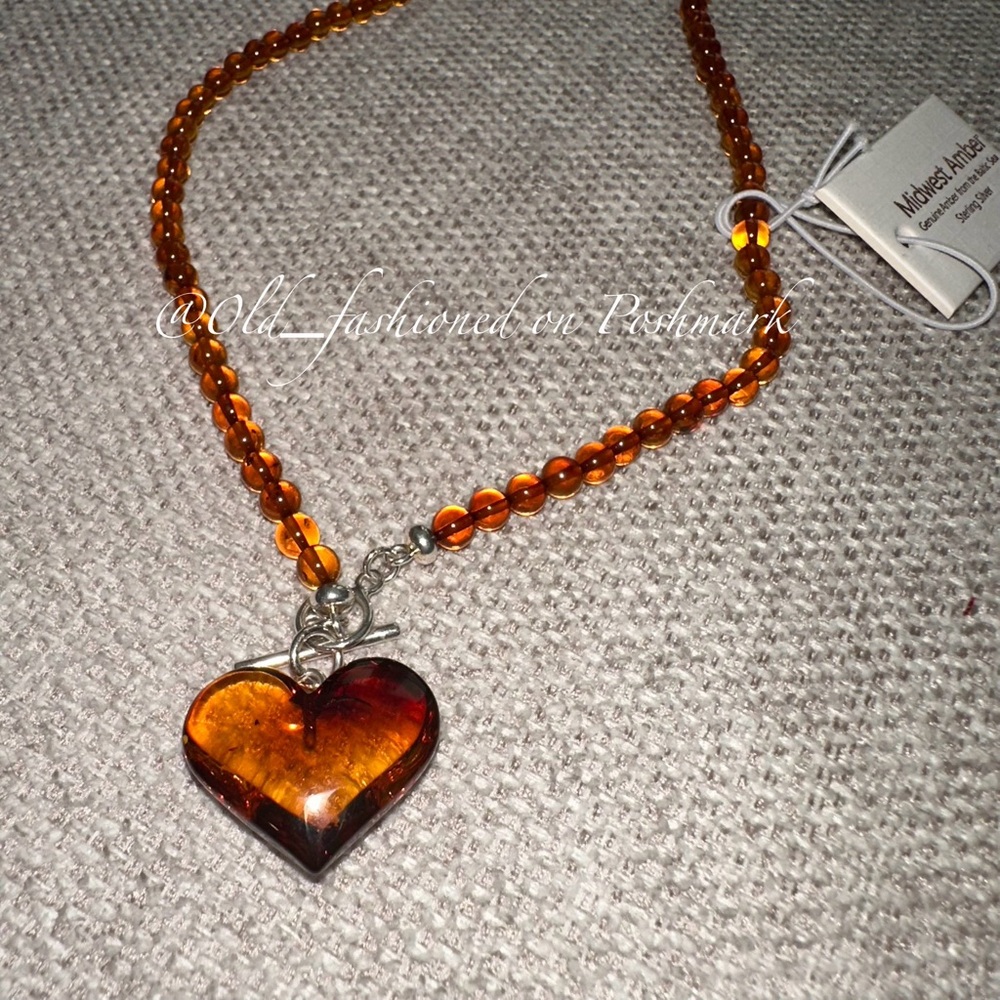 Genuine Amber + Sterling Silver Heart Beaded Necklace